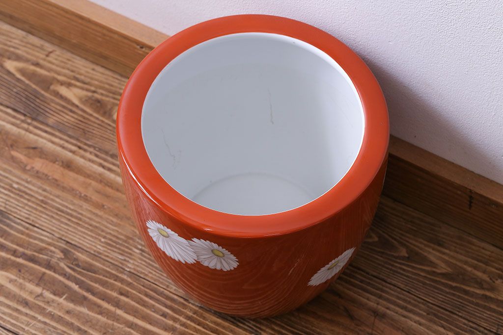 アンティーク雑貨　オールドノリタケ(日陶)　朱色地白菊文様　レトロな壱型火鉢(手あぶり、鉢カバー)(1)