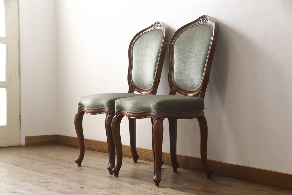 中古　高級家具　カリン材　ロココ調の優美なチェア2脚セット(ダイニングチェア、サロンチェア、椅子、花梨材)(R-050058)