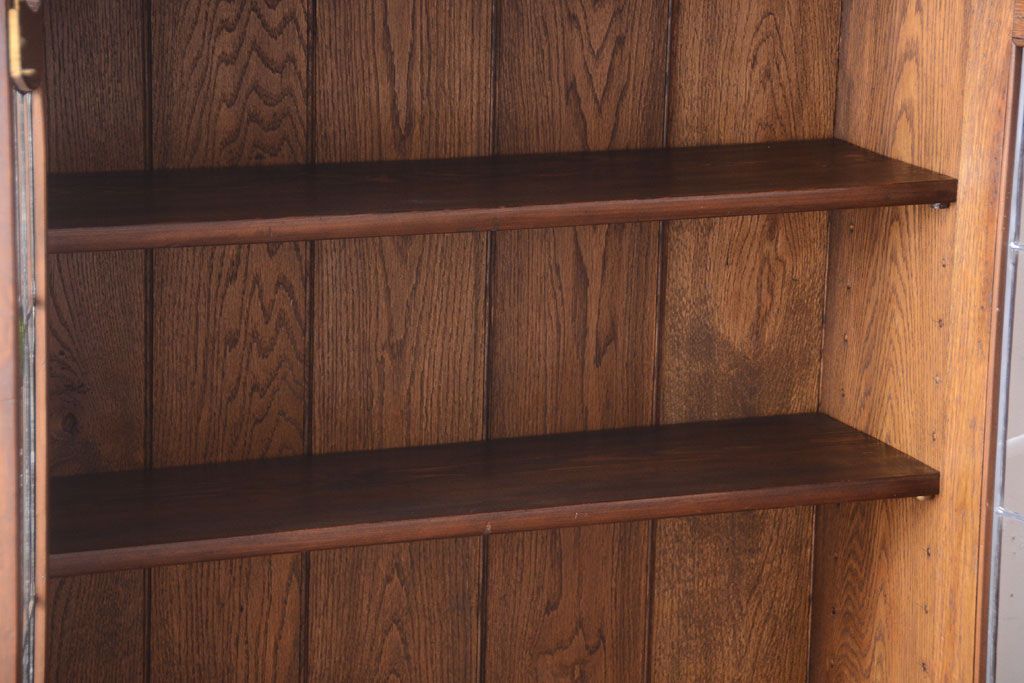 アンティーク家具　ステンドグラス　オーク材のイギリスアンティーク薄型ブックケース(本箱・収納棚)