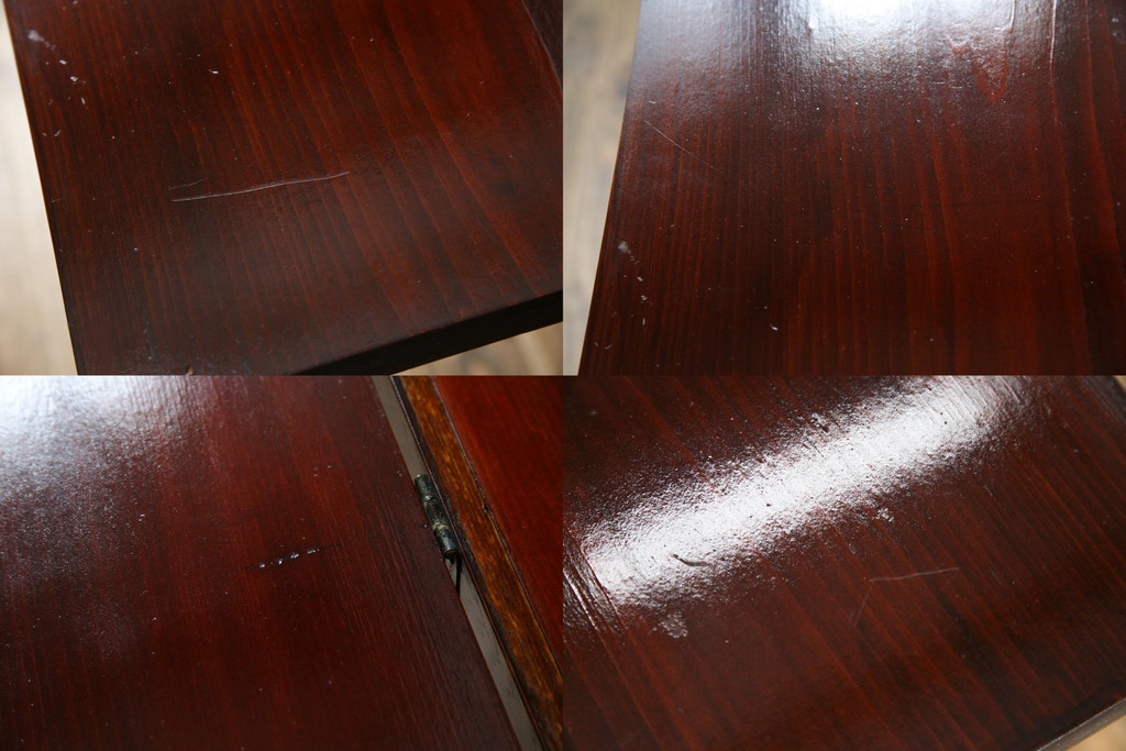 中古　韓国民芸家具　重さもありしっかりとした作り込み!!　オリエンタル　李朝デザイン　金具付きのデザインが目を惹くアンティーク調のライティングビューロ(簿記机、ワークデスク、在宅用、在宅ワーク用、引き出し)(R-081256)