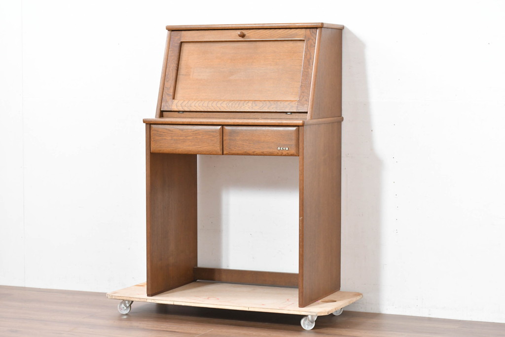 中古　美品　浜松工芸　楢(ナラ)材　シンプルで飽きのこないデザインのライティングビューロー(ワークデスク、簿記机、在宅ワーク用、在宅用)(R-083702)
