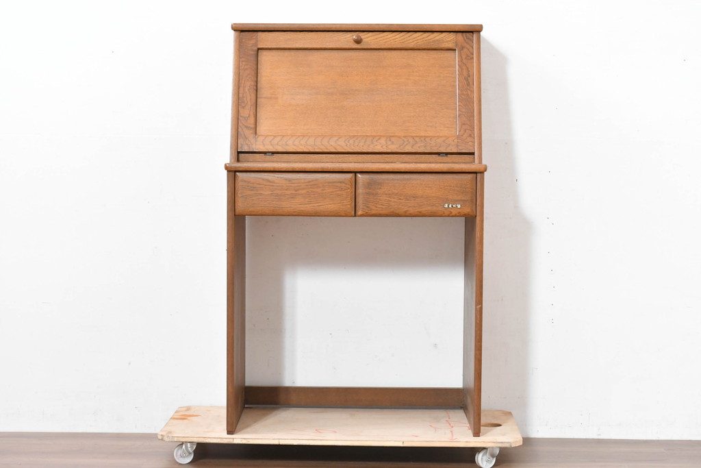 中古　美品　浜松工芸　楢(ナラ)材　シンプルで飽きのこないデザインのライティングビューロー(ワークデスク、簿記机、在宅ワーク用、在宅用)(R-083702)