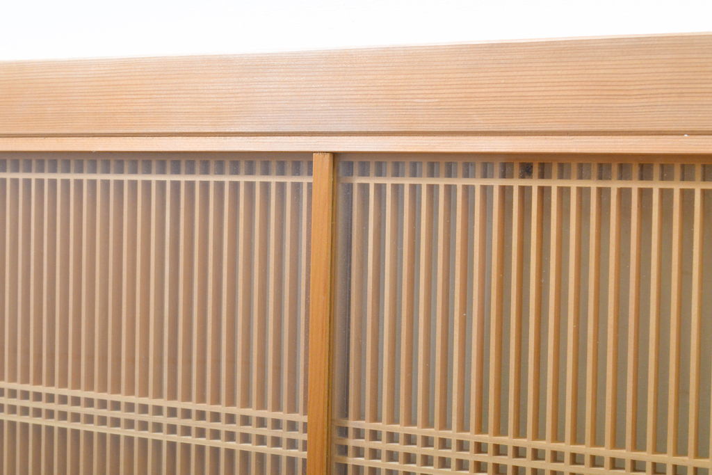ビンテージ建具　両面ガラス　繊細な格子が目を惹く筬(おさ)欄間2枚セット(明り取り、明かり取り、オサランマ、ヴィンテージ、建具)(R-062630)