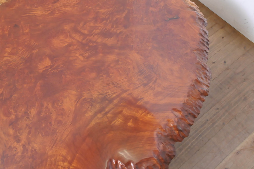 中古 花梨(カリン)材 ガラス天板付き 鳥眼杢が美しい存在感抜群の座卓 