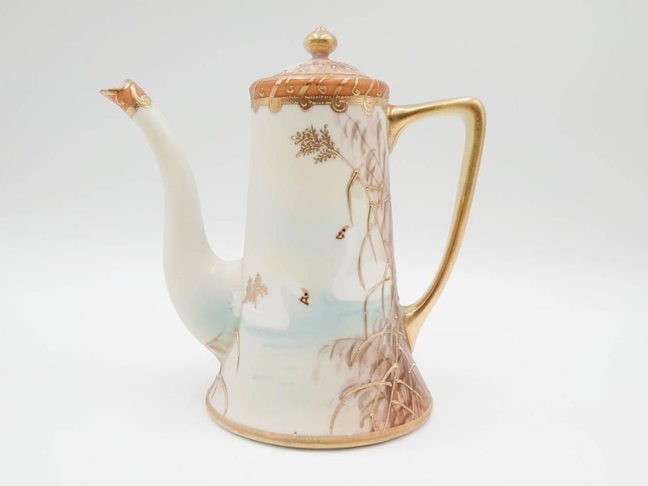 明治〜大正期　オールドノリタケ　NORITAKE　ハンドペイント　金彩　金盛　白鳥葦文　優雅な雰囲気漂うポット・カップ&ソーサー4客・プレート5枚セット(トリオ、デミタス、コーヒー、C&S、碗皿)(R-083678)