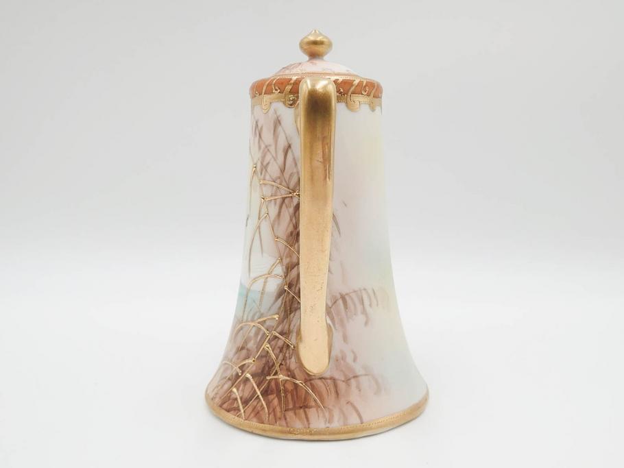 明治〜大正期　オールドノリタケ　NORITAKE　ハンドペイント　金彩　金盛　白鳥葦文　優雅な雰囲気漂うポット・カップ&ソーサー4客・プレート5枚セット(トリオ、デミタス、コーヒー、C&S、碗皿)(R-083678)
