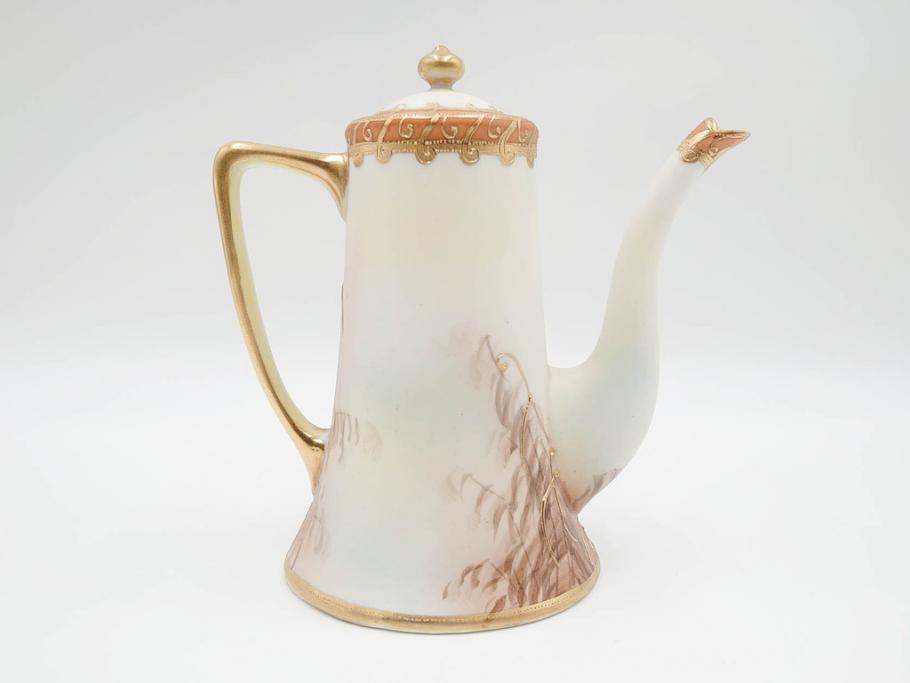 明治〜大正期　オールドノリタケ　NORITAKE　ハンドペイント　金彩　金盛　白鳥葦文　優雅な雰囲気漂うポット・カップ&ソーサー4客・プレート5枚セット(トリオ、デミタス、コーヒー、C&S、碗皿)(R-083678)