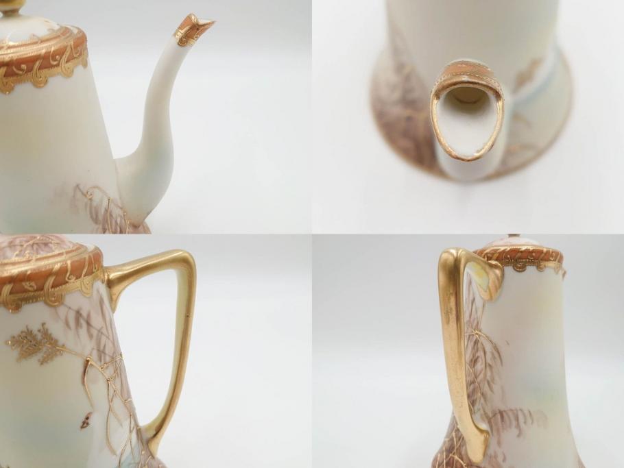 明治〜大正期　オールドノリタケ　NORITAKE　ハンドペイント　金彩　金盛　白鳥葦文　優雅な雰囲気漂うポット・カップ&ソーサー4客・プレート5枚セット(トリオ、デミタス、コーヒー、C&S、碗皿)(R-083678)