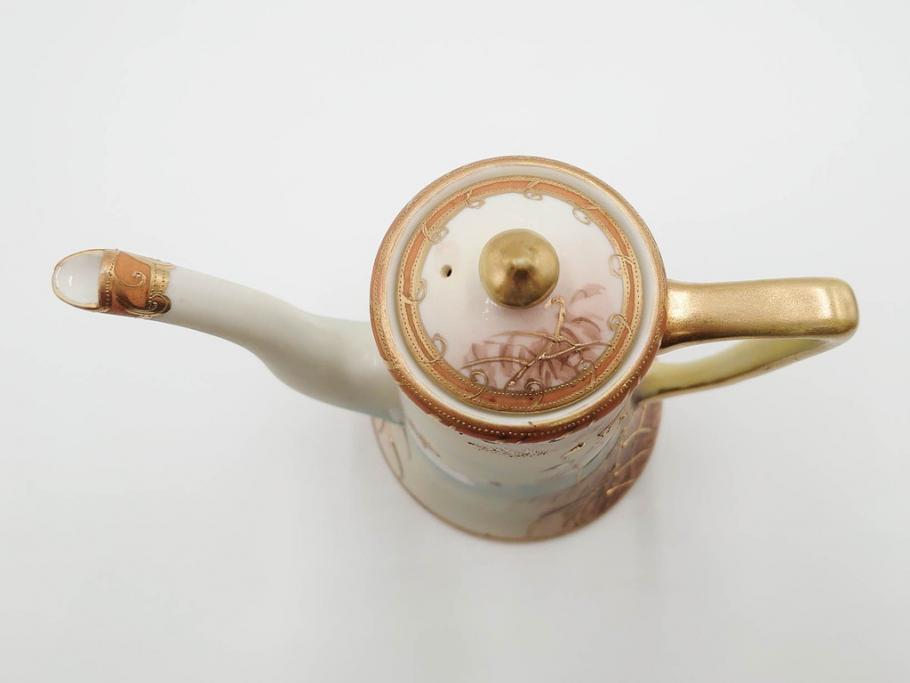 明治〜大正期　オールドノリタケ　NORITAKE　ハンドペイント　金彩　金盛　白鳥葦文　優雅な雰囲気漂うポット・カップ&ソーサー4客・プレート5枚セット(トリオ、デミタス、コーヒー、C&S、碗皿)(R-083678)