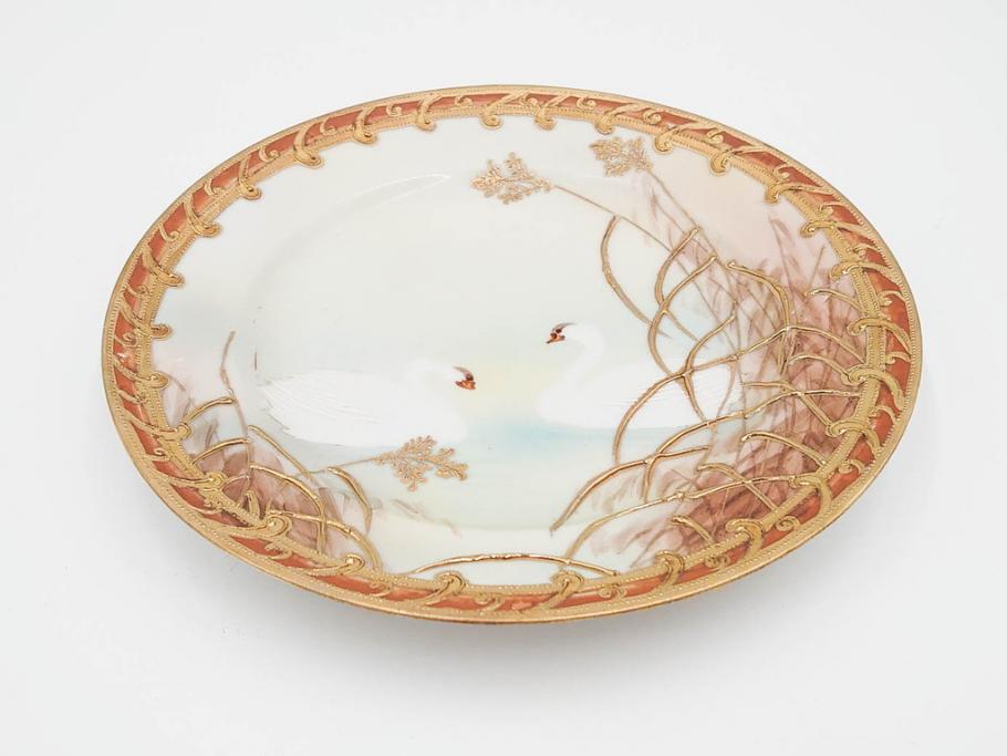 明治〜大正期　オールドノリタケ　NORITAKE　ハンドペイント　金彩　金盛　白鳥葦文　優雅な雰囲気漂うポット・カップ&ソーサー4客・プレート5枚セット(トリオ、デミタス、コーヒー、C&S、碗皿)(R-083678)