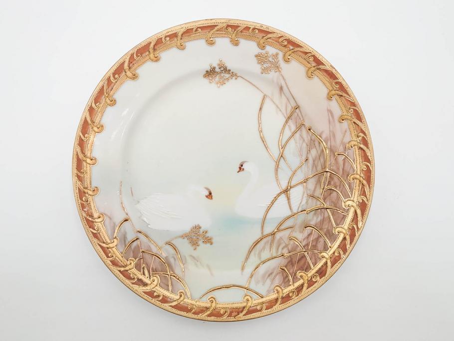 明治〜大正期　オールドノリタケ　NORITAKE　ハンドペイント　金彩　金盛　白鳥葦文　優雅な雰囲気漂うポット・カップ&ソーサー4客・プレート5枚セット(トリオ、デミタス、コーヒー、C&S、碗皿)(R-083678)