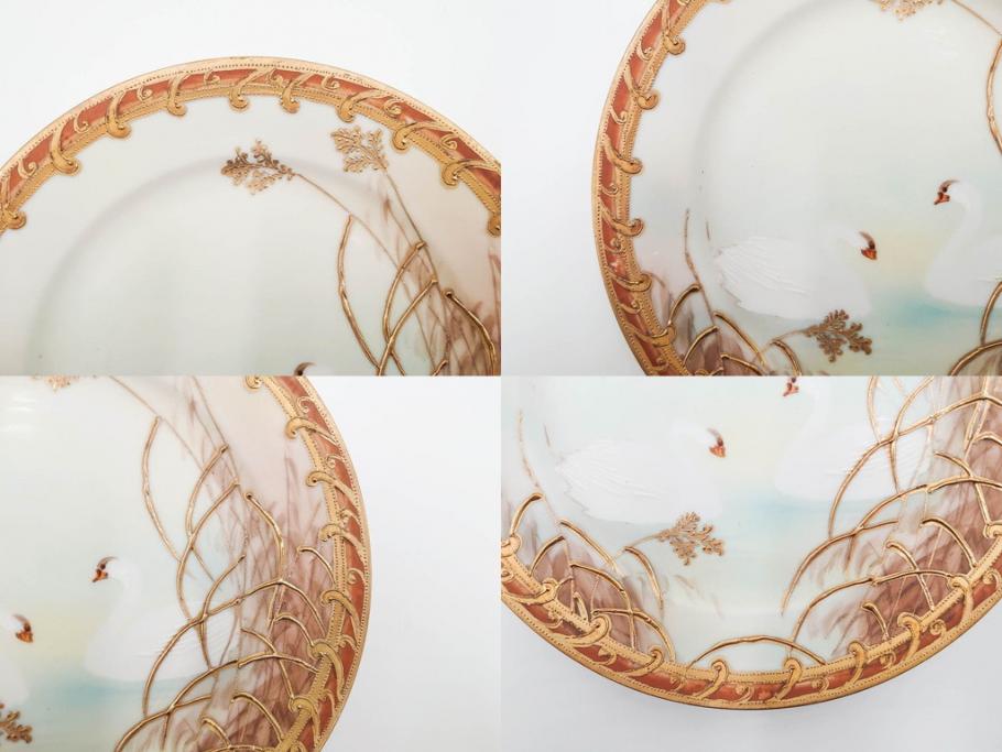 明治〜大正期　オールドノリタケ　NORITAKE　ハンドペイント　金彩　金盛　白鳥葦文　優雅な雰囲気漂うポット・カップ&ソーサー4客・プレート5枚セット(トリオ、デミタス、コーヒー、C&S、碗皿)(R-083678)