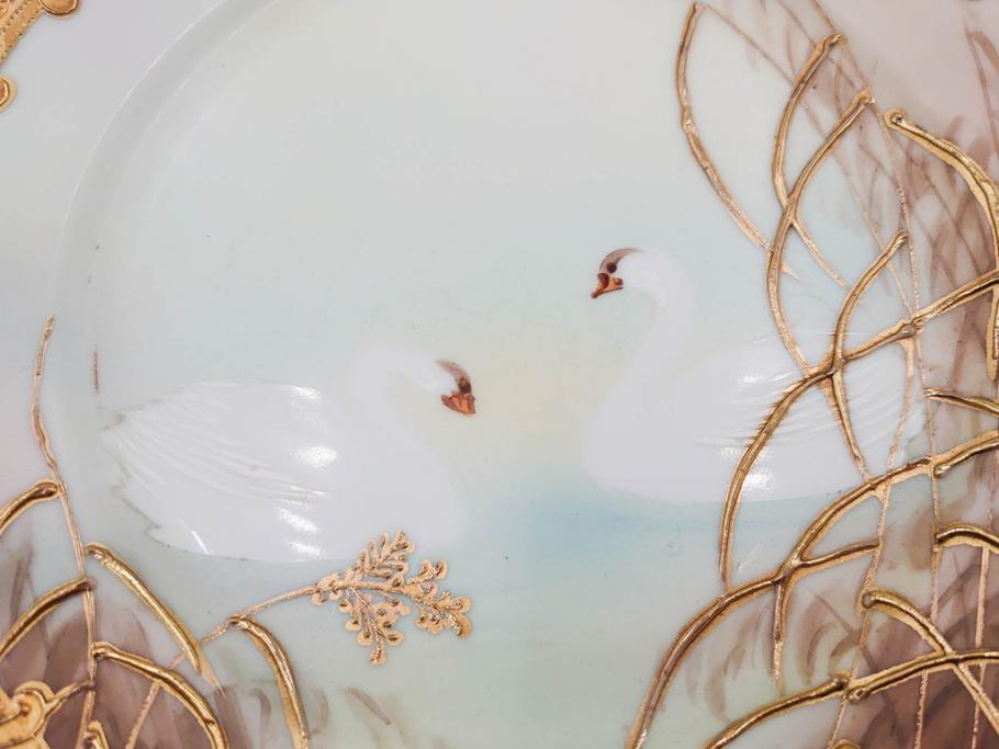 明治〜大正期　オールドノリタケ　NORITAKE　ハンドペイント　金彩　金盛　白鳥葦文　優雅な雰囲気漂うポット・カップ&ソーサー4客・プレート5枚セット(トリオ、デミタス、コーヒー、C&S、碗皿)(R-083678)