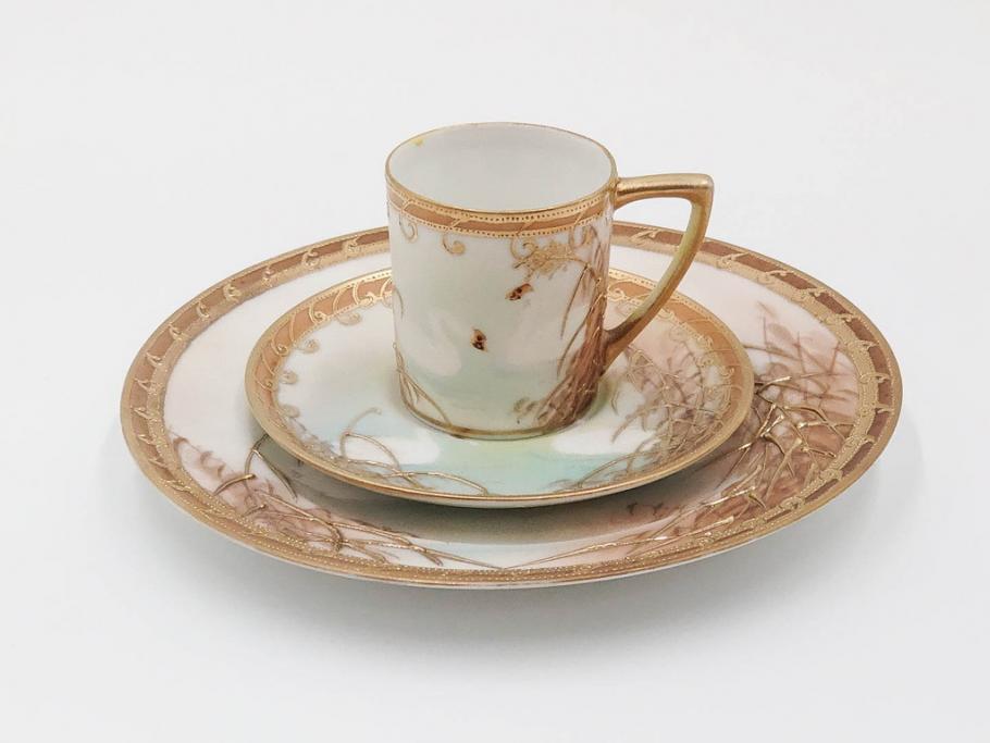明治〜大正期　オールドノリタケ　NORITAKE　ハンドペイント　金彩　金盛　白鳥葦文　優雅な雰囲気漂うポット・カップ&ソーサー4客・プレート5枚セット(トリオ、デミタス、コーヒー、C&S、碗皿)(R-083678)