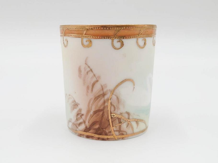 明治〜大正期　オールドノリタケ　NORITAKE　ハンドペイント　金彩　金盛　白鳥葦文　優雅な雰囲気漂うポット・カップ&ソーサー4客・プレート5枚セット(トリオ、デミタス、コーヒー、C&S、碗皿)(R-083678)