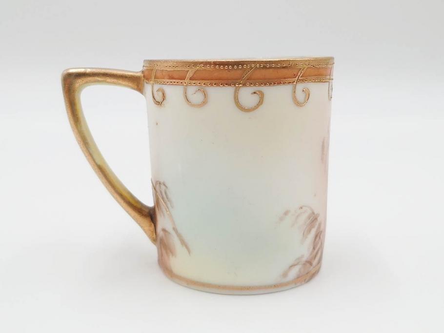 明治〜大正期　オールドノリタケ　NORITAKE　ハンドペイント　金彩　金盛　白鳥葦文　優雅な雰囲気漂うポット・カップ&ソーサー4客・プレート5枚セット(トリオ、デミタス、コーヒー、C&S、碗皿)(R-083678)
