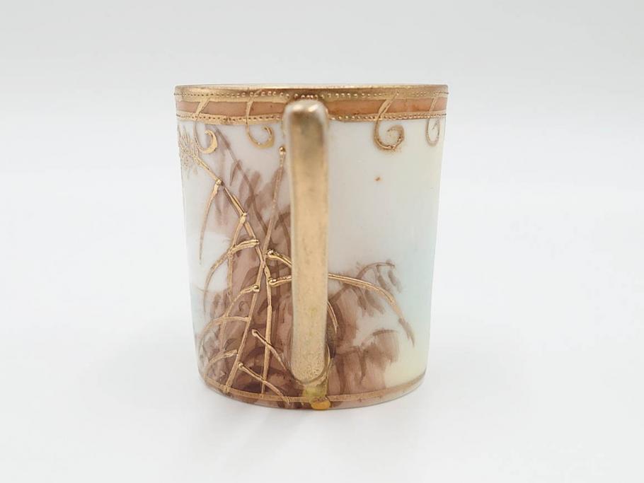 明治〜大正期　オールドノリタケ　NORITAKE　ハンドペイント　金彩　金盛　白鳥葦文　優雅な雰囲気漂うポット・カップ&ソーサー4客・プレート5枚セット(トリオ、デミタス、コーヒー、C&S、碗皿)(R-083678)