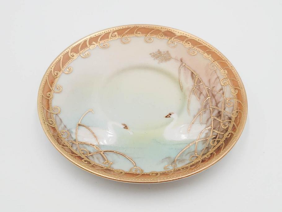 明治〜大正期　オールドノリタケ　NORITAKE　ハンドペイント　金彩　金盛　白鳥葦文　優雅な雰囲気漂うポット・カップ&ソーサー4客・プレート5枚セット(トリオ、デミタス、コーヒー、C&S、碗皿)(R-083678)