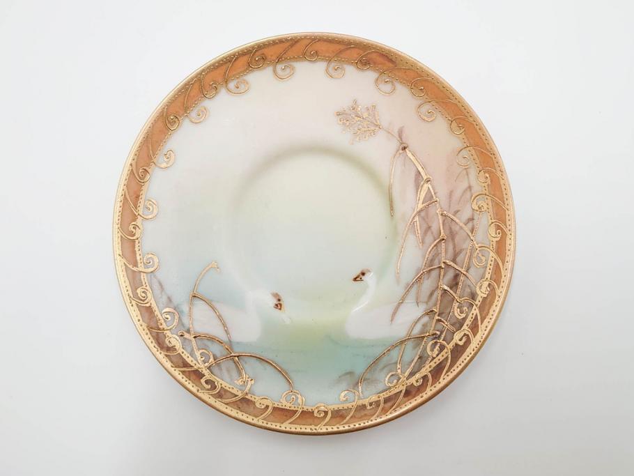 明治〜大正期　オールドノリタケ　NORITAKE　ハンドペイント　金彩　金盛　白鳥葦文　優雅な雰囲気漂うポット・カップ&ソーサー4客・プレート5枚セット(トリオ、デミタス、コーヒー、C&S、碗皿)(R-083678)