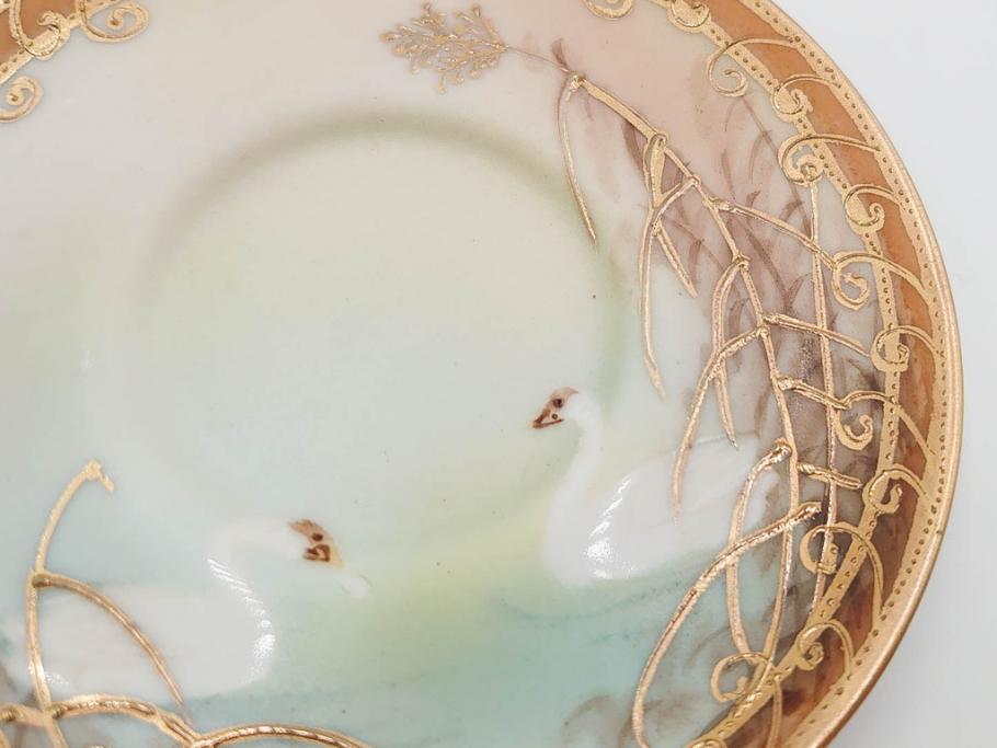 明治〜大正期　オールドノリタケ　NORITAKE　ハンドペイント　金彩　金盛　白鳥葦文　優雅な雰囲気漂うポット・カップ&ソーサー4客・プレート5枚セット(トリオ、デミタス、コーヒー、C&S、碗皿)(R-083678)