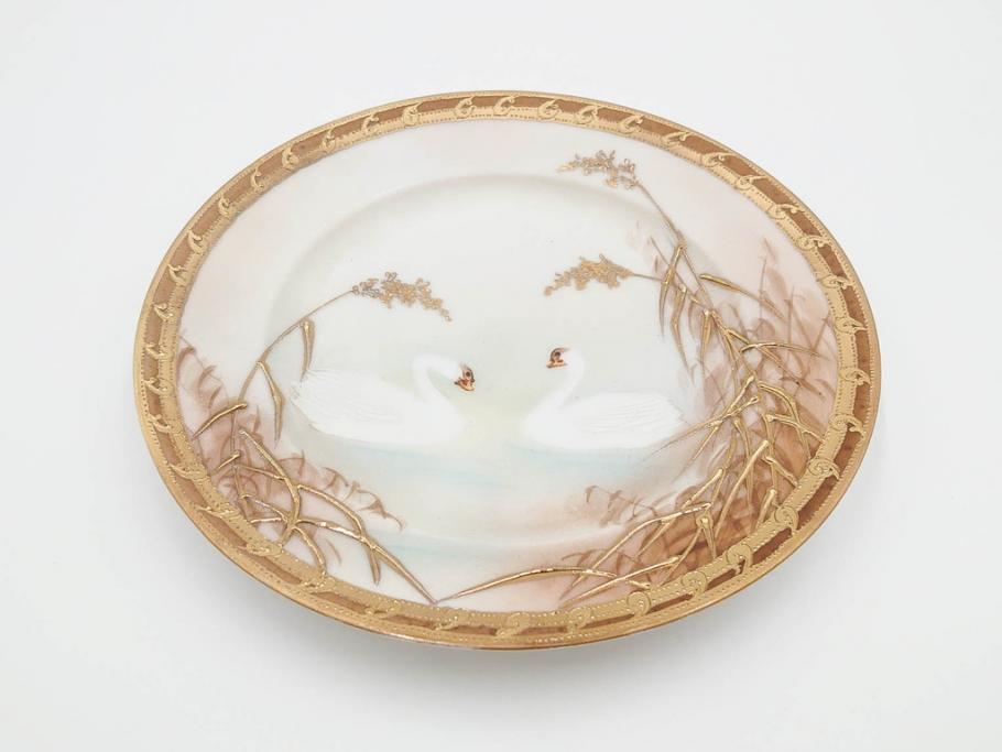 明治〜大正期　オールドノリタケ　NORITAKE　ハンドペイント　金彩　金盛　白鳥葦文　優雅な雰囲気漂うポット・カップ&ソーサー4客・プレート5枚セット(トリオ、デミタス、コーヒー、C&S、碗皿)(R-083678)