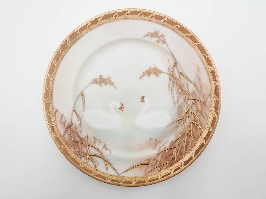 明治〜大正期　オールドノリタケ　NORITAKE　ハンドペイント　金彩　金盛　白鳥葦文　優雅な雰囲気漂うポット・カップ&ソーサー4客・プレート5枚セット(トリオ、デミタス、コーヒー、C&S、碗皿)(R-083678)