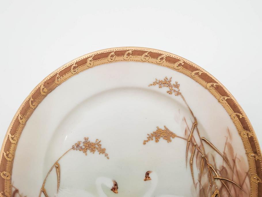 明治〜大正期　オールドノリタケ　NORITAKE　ハンドペイント　金彩　金盛　白鳥葦文　優雅な雰囲気漂うポット・カップ&ソーサー4客・プレート5枚セット(トリオ、デミタス、コーヒー、C&S、碗皿)(R-083678)