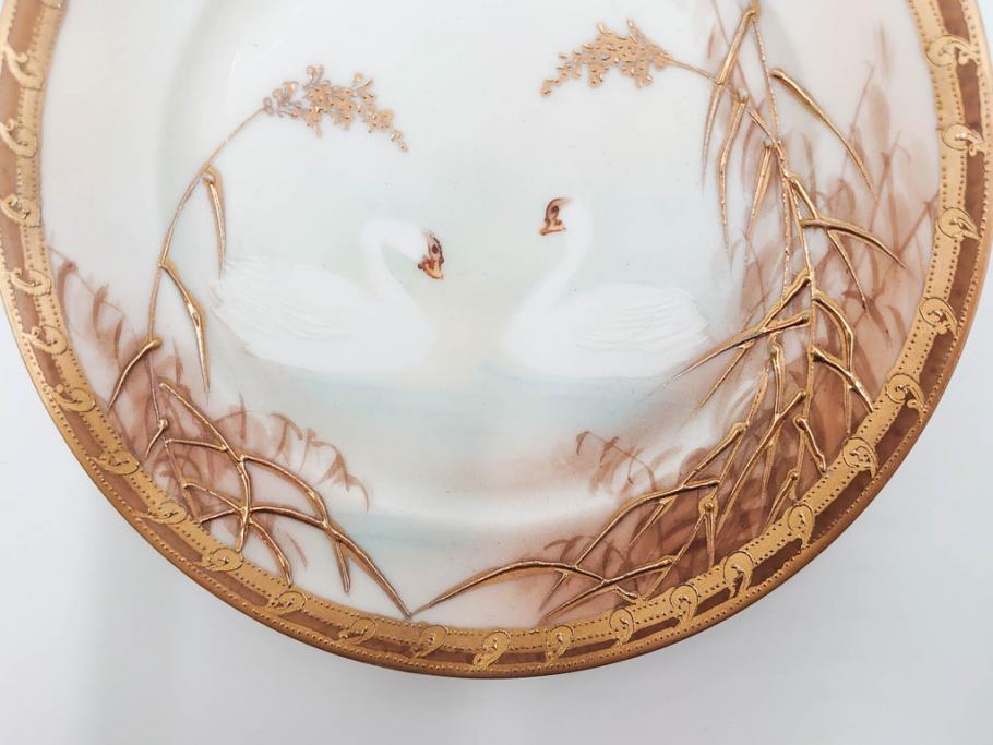 明治〜大正期　オールドノリタケ　NORITAKE　ハンドペイント　金彩　金盛　白鳥葦文　優雅な雰囲気漂うポット・カップ&ソーサー4客・プレート5枚セット(トリオ、デミタス、コーヒー、C&S、碗皿)(R-083678)