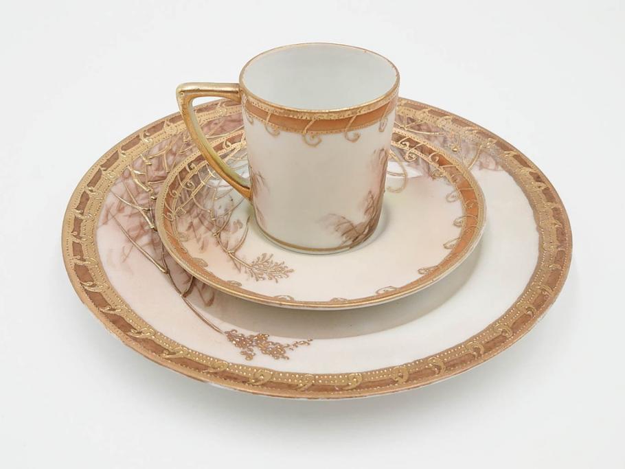 明治〜大正期　オールドノリタケ　NORITAKE　ハンドペイント　金彩　金盛　白鳥葦文　優雅な雰囲気漂うポット・カップ&ソーサー4客・プレート5枚セット(トリオ、デミタス、コーヒー、C&S、碗皿)(R-083678)