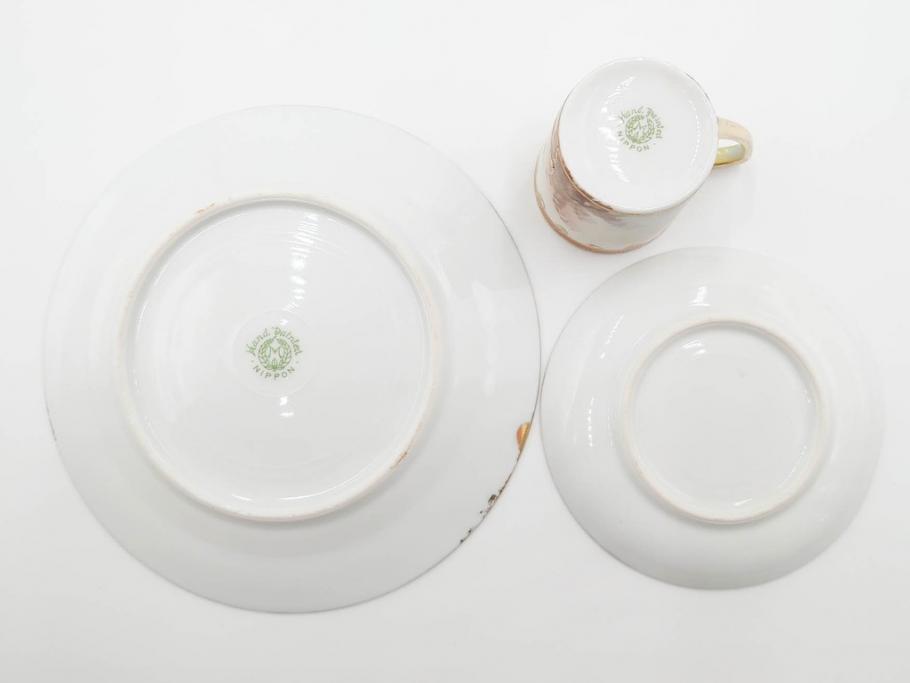 明治〜大正期　オールドノリタケ　NORITAKE　ハンドペイント　金彩　金盛　白鳥葦文　優雅な雰囲気漂うポット・カップ&ソーサー4客・プレート5枚セット(トリオ、デミタス、コーヒー、C&S、碗皿)(R-083678)