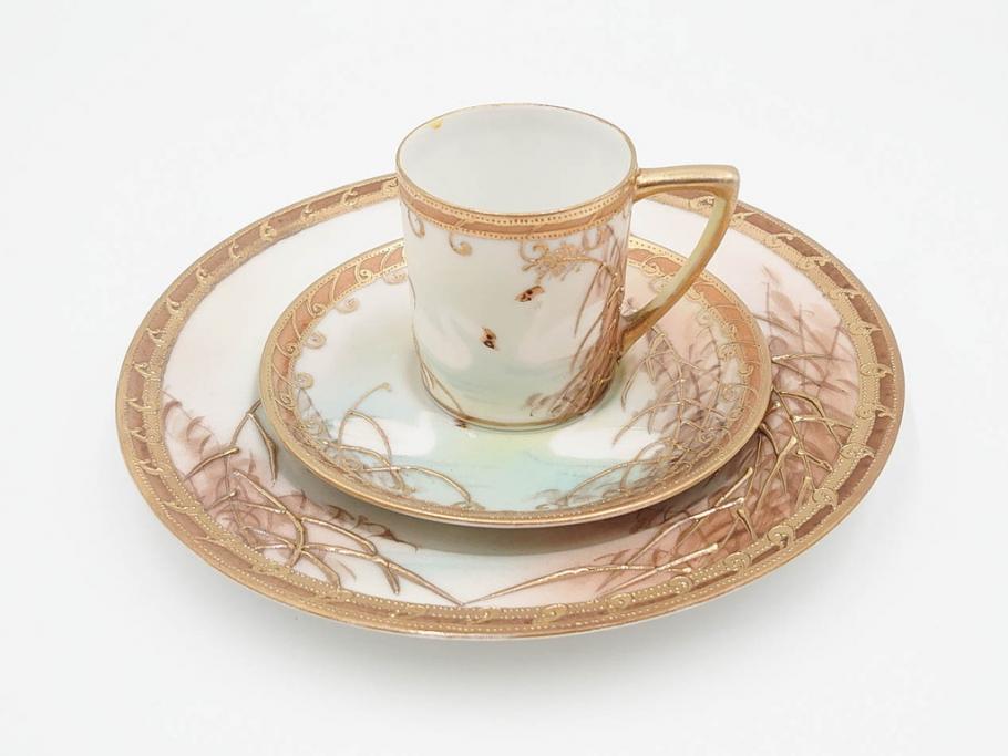 明治〜大正期　オールドノリタケ　NORITAKE　ハンドペイント　金彩　金盛　白鳥葦文　優雅な雰囲気漂うポット・カップ&ソーサー4客・プレート5枚セット(トリオ、デミタス、コーヒー、C&S、碗皿)(R-083678)