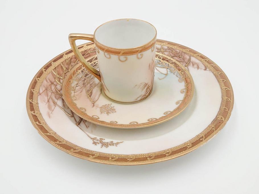 明治〜大正期　オールドノリタケ　NORITAKE　ハンドペイント　金彩　金盛　白鳥葦文　優雅な雰囲気漂うポット・カップ&ソーサー4客・プレート5枚セット(トリオ、デミタス、コーヒー、C&S、碗皿)(R-083678)