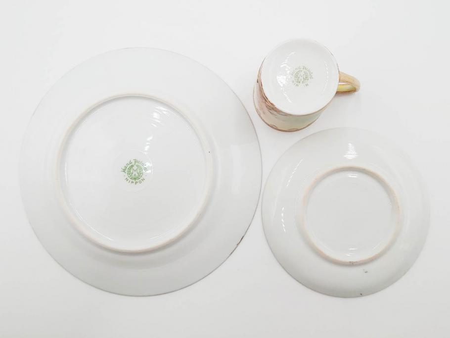 明治〜大正期　オールドノリタケ　NORITAKE　ハンドペイント　金彩　金盛　白鳥葦文　優雅な雰囲気漂うポット・カップ&ソーサー4客・プレート5枚セット(トリオ、デミタス、コーヒー、C&S、碗皿)(R-083678)