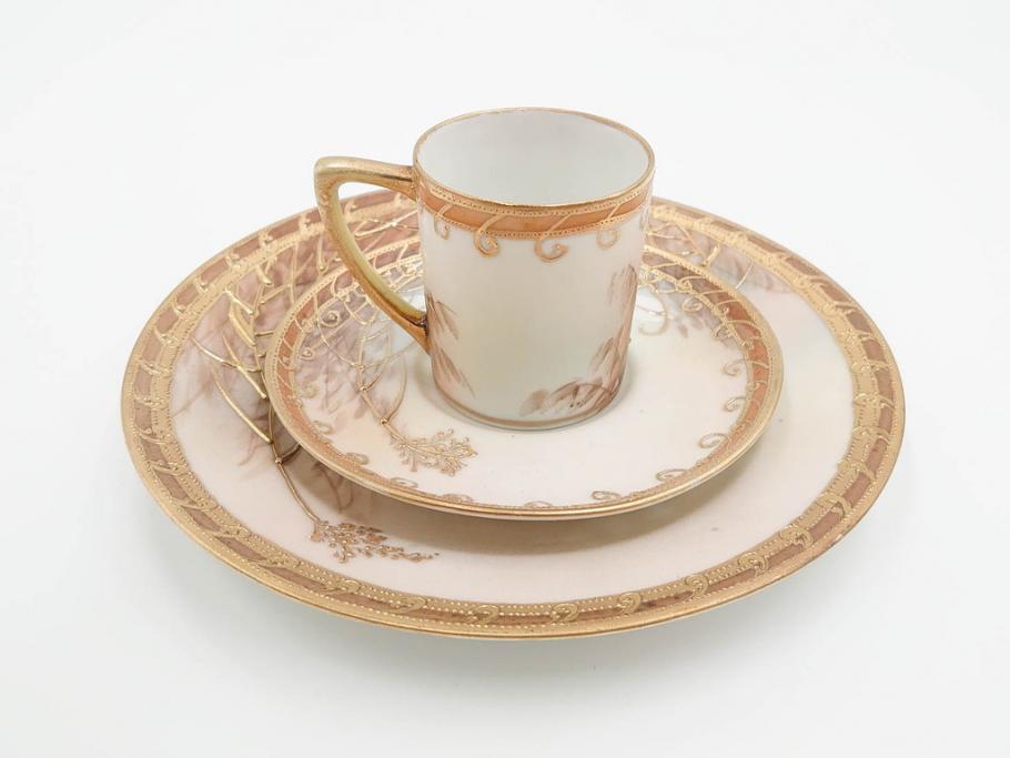 明治〜大正期　オールドノリタケ　NORITAKE　ハンドペイント　金彩　金盛　白鳥葦文　優雅な雰囲気漂うポット・カップ&ソーサー4客・プレート5枚セット(トリオ、デミタス、コーヒー、C&S、碗皿)(R-083678)