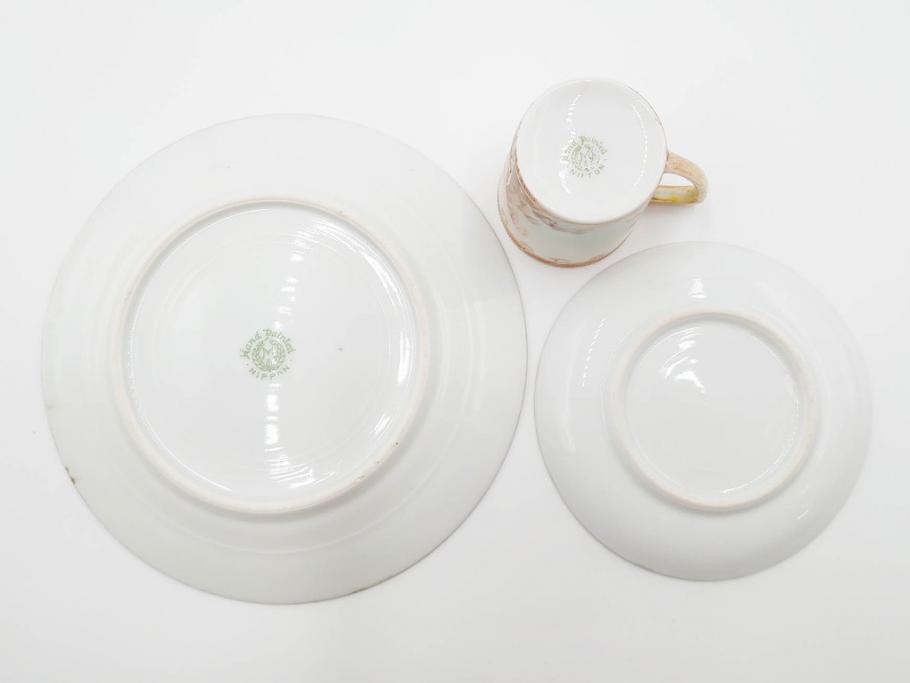 明治〜大正期　オールドノリタケ　NORITAKE　ハンドペイント　金彩　金盛　白鳥葦文　優雅な雰囲気漂うポット・カップ&ソーサー4客・プレート5枚セット(トリオ、デミタス、コーヒー、C&S、碗皿)(R-083678)