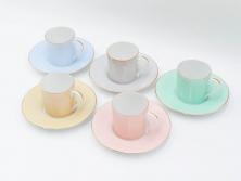 昭和初期　オールドノリタケ　NORITAKE　金彩　色蒔き?　ピンク　クリーム　グリーン　ブルー　グレー　心がほどけるような色彩のやさしさが魅力のカップ&ソーサー5客セット(マルキ印、碗皿、C&S、洋食器)(R-083679)