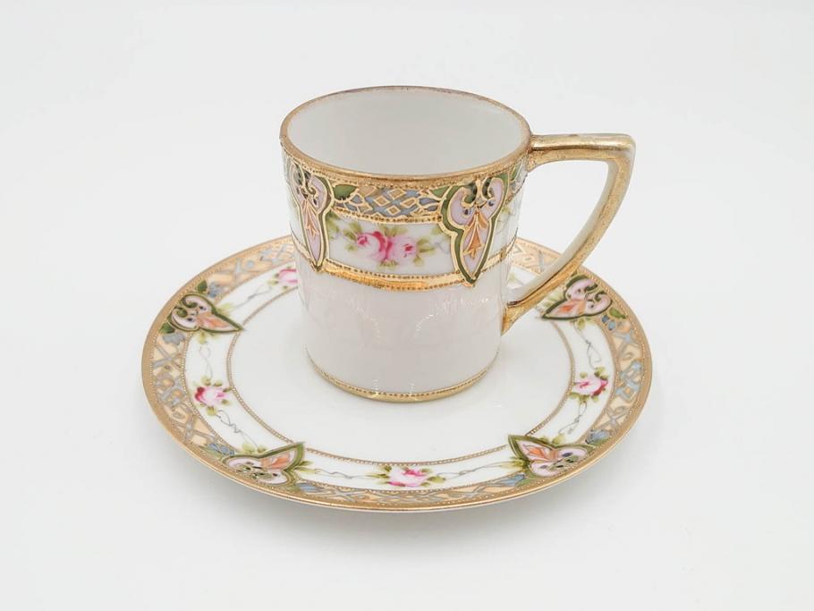 戦前　オールドノリタケ　NORITAKE　ハンドペイント　金彩　金盛　花　どんなシーンにも華を添え優雅な空間を創り出すカップ&ソーサー5客セット(マルキ印、ヤジロベー印、碗皿、C&S、洋食器)(R-083680)