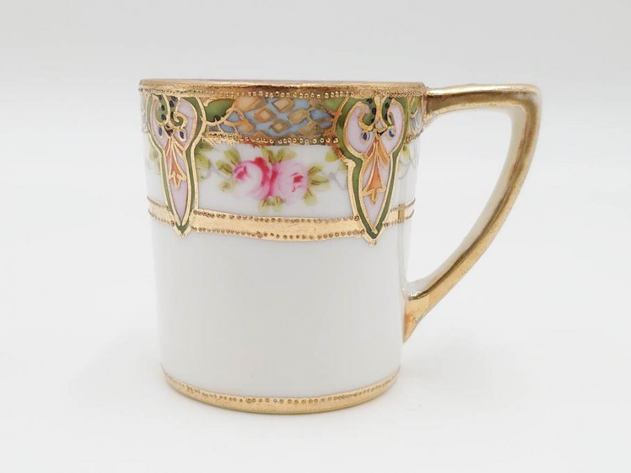 戦前　オールドノリタケ　NORITAKE　ハンドペイント　金彩　金盛　花　どんなシーンにも華を添え優雅な空間を創り出すカップ&ソーサー5客セット(マルキ印、ヤジロベー印、碗皿、C&S、洋食器)(R-083680)