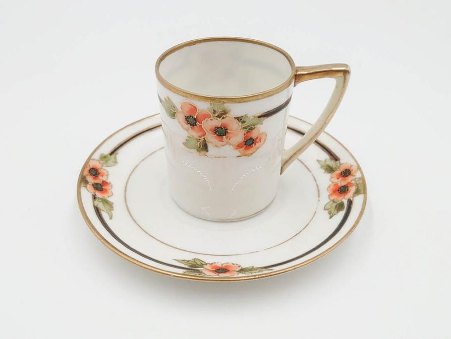 戦前　オールドノリタケ　NORITAKE　ハンドペイント　金彩　金盛　花　どんなシーンにも華を添え優雅な空間を創り出すカップ&ソーサー5客セット(マルキ印、ヤジロベー印、碗皿、C&S、洋食器)(R-083680)