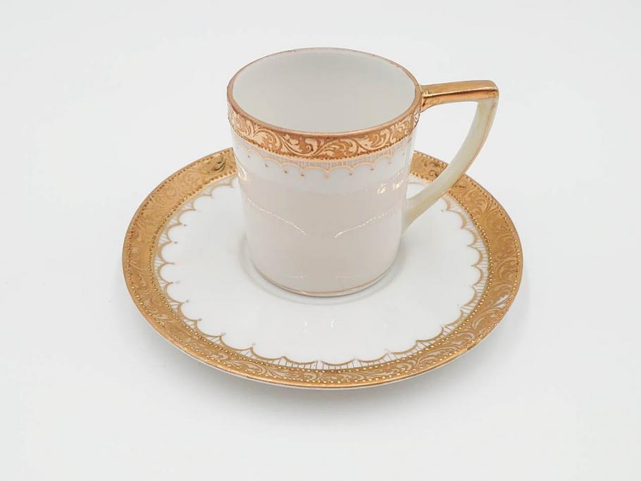 戦前　オールドノリタケ　NORITAKE　ハンドペイント　金彩　金盛　花　どんなシーンにも華を添え優雅な空間を創り出すカップ&ソーサー5客セット(マルキ印、ヤジロベー印、碗皿、C&S、洋食器)(R-083680)