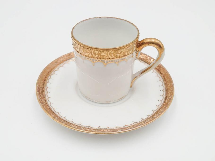 戦前　オールドノリタケ　NORITAKE　ハンドペイント　金彩　金盛　花　どんなシーンにも華を添え優雅な空間を創り出すカップ&ソーサー5客セット(マルキ印、ヤジロベー印、碗皿、C&S、洋食器)(R-083680)