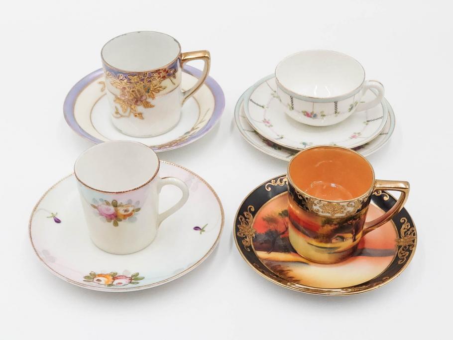 戦前　オールドノリタケ　NORITAKE　オールド名陶　ハンドペイント　ラスター彩　金彩　金盛　花　バラエティ豊かなデザインで毎日を彩るカップ&ソーサー4客セット(フラワー、マルキ印、ライジングサン印、碗皿、C&S、洋食器)(R-083681)
