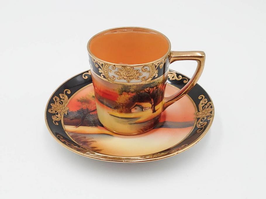 戦前　オールドノリタケ　NORITAKE　オールド名陶　ハンドペイント　ラスター彩　金彩　金盛　花　バラエティ豊かなデザインで毎日を彩るカップ&ソーサー4客セット(フラワー、マルキ印、ライジングサン印、碗皿、C&S、洋食器)(R-083681)