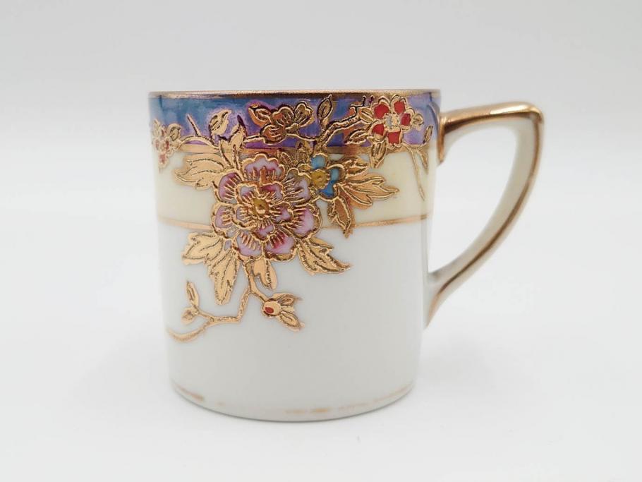 戦前　オールドノリタケ　NORITAKE　オールド名陶　ハンドペイント　ラスター彩　金彩　金盛　花　バラエティ豊かなデザインで毎日を彩るカップ&ソーサー4客セット(フラワー、マルキ印、ライジングサン印、碗皿、C&S、洋食器)(R-083681)