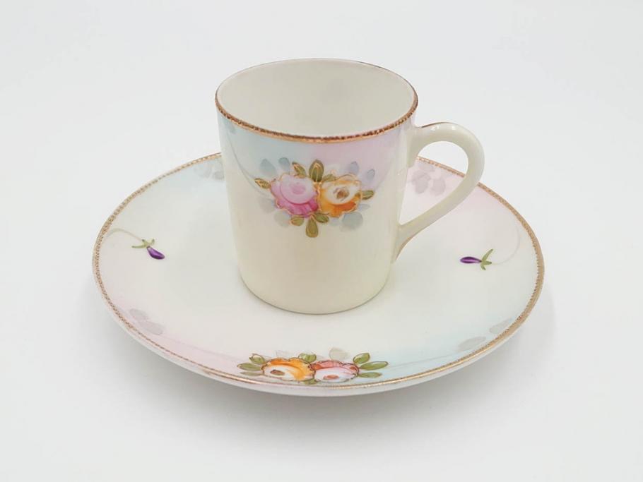 戦前　オールドノリタケ　NORITAKE　オールド名陶　ハンドペイント　ラスター彩　金彩　金盛　花　バラエティ豊かなデザインで毎日を彩るカップ&ソーサー4客セット(フラワー、マルキ印、ライジングサン印、碗皿、C&S、洋食器)(R-083681)