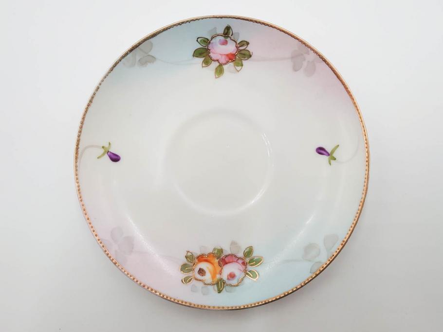 戦前　オールドノリタケ　NORITAKE　オールド名陶　ハンドペイント　ラスター彩　金彩　金盛　花　バラエティ豊かなデザインで毎日を彩るカップ&ソーサー4客セット(フラワー、マルキ印、ライジングサン印、碗皿、C&S、洋食器)(R-083681)