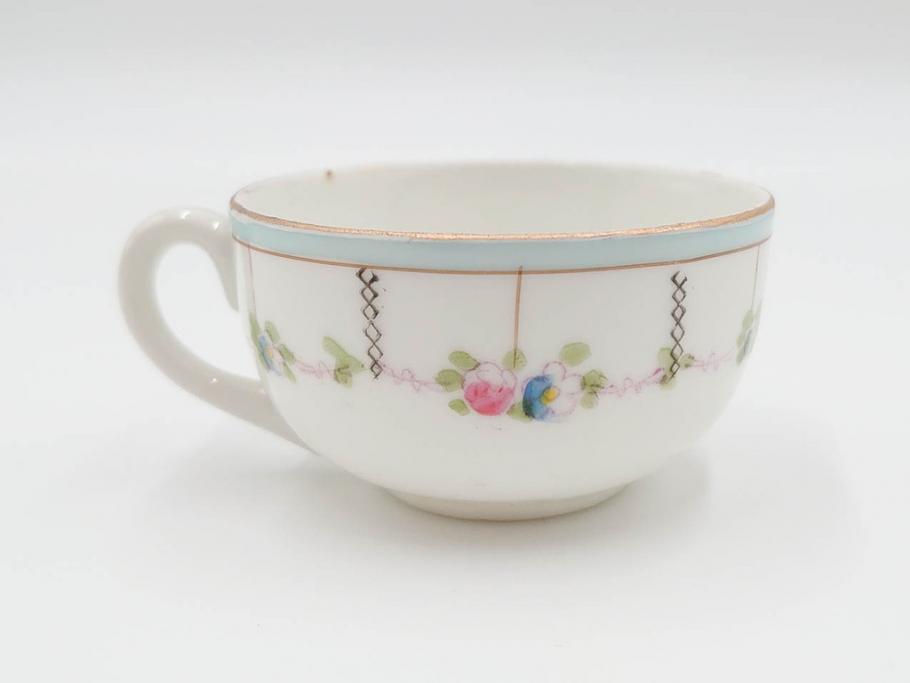 戦前　オールドノリタケ　NORITAKE　オールド名陶　ハンドペイント　ラスター彩　金彩　金盛　花　バラエティ豊かなデザインで毎日を彩るカップ&ソーサー4客セット(フラワー、マルキ印、ライジングサン印、碗皿、C&S、洋食器)(R-083681)