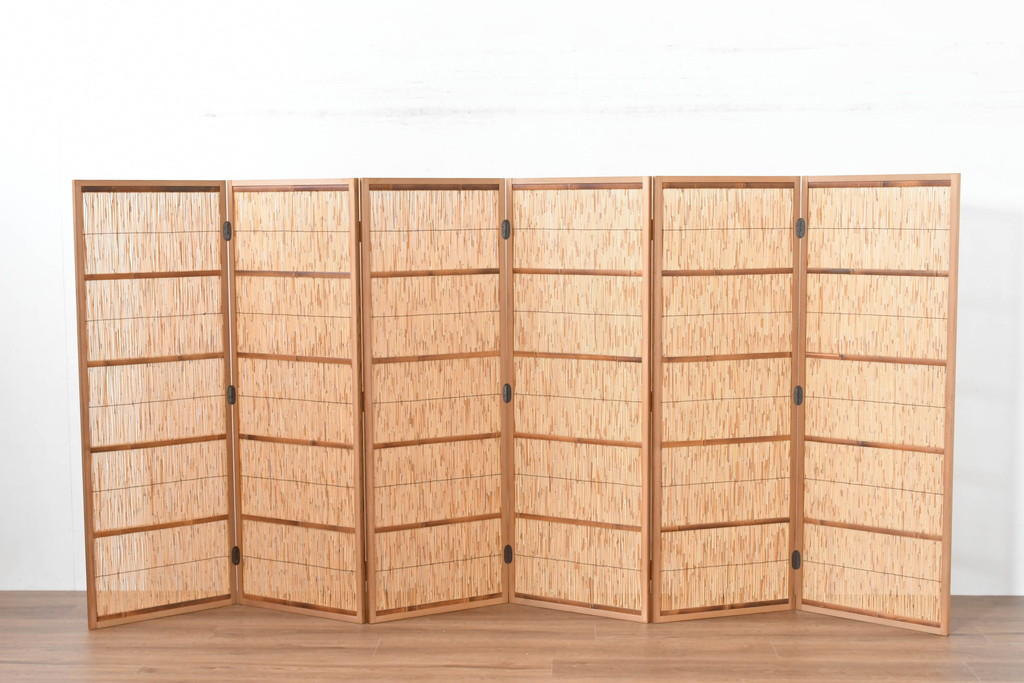 中古　未使用　展示品　茶道具　優しい木の温もり溢れる6枚折りの花寄屏風(衝立て、つい立て、パーテーション、仕切り、6連、六連)(定価約21万円)(R-083626)