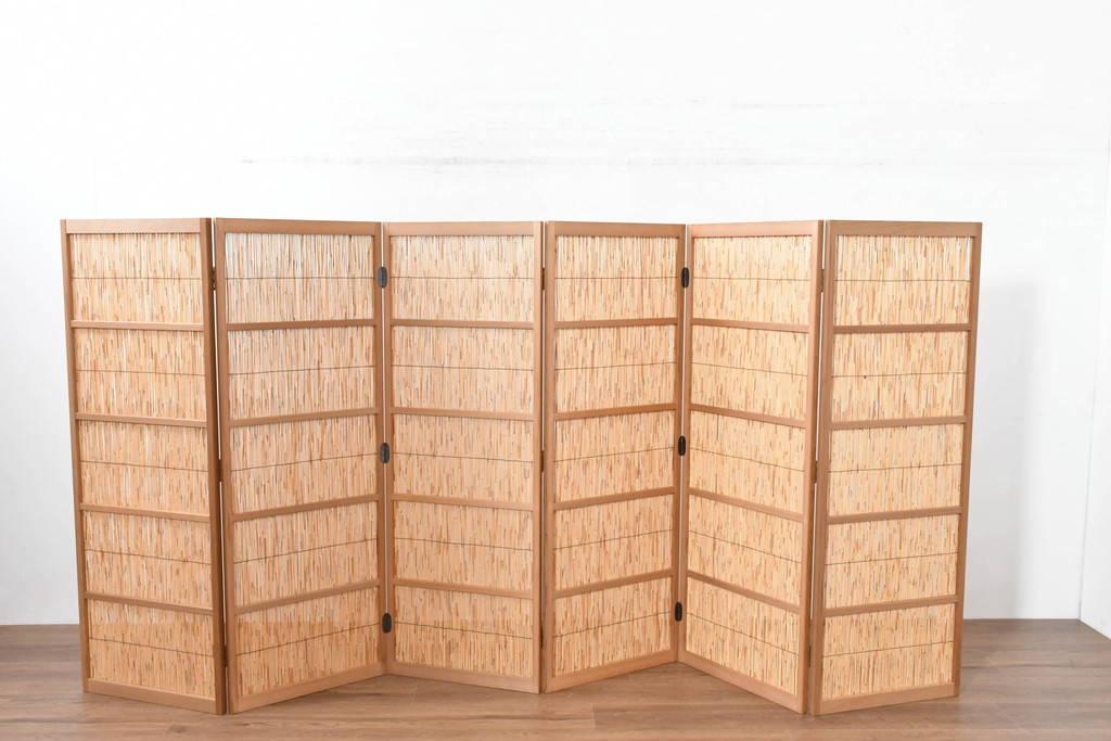 中古　未使用　展示品　茶道具　優しい木の温もり溢れる6枚折りの花寄屏風(衝立て、つい立て、パーテーション、仕切り、6連、六連)(定価約21万円)(R-083626)