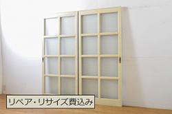 高級品!　変わり花菱ガラス　ヒノキ柾目材　細い桟が並んだ上品な万本格子戸(引き戸、ガラス帯戸、建具)4枚セット